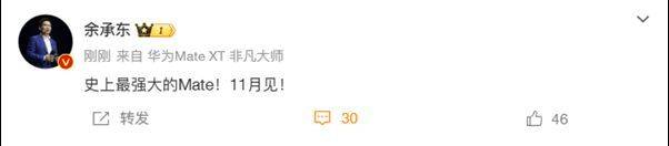 华为mate 70系列即将发布，余承东称其为“史上最强大的mate”